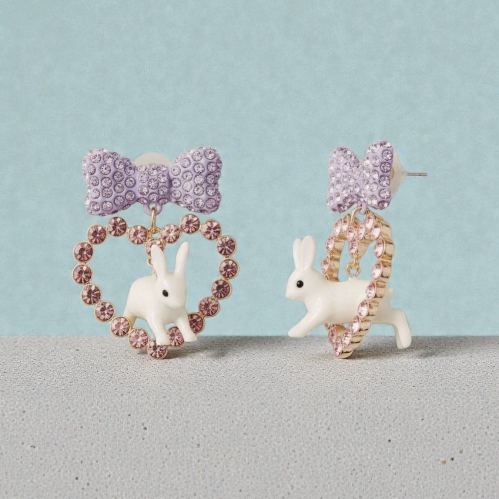 NEW Betsey Johnson Easter Bunny Bow Heart Earrings Pink Lavender Gold Tone NWT - Picture 5 of 7